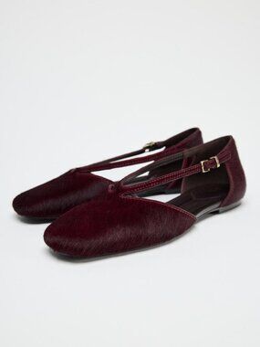 Zara Burgundy Pony Hair Ballet Flats